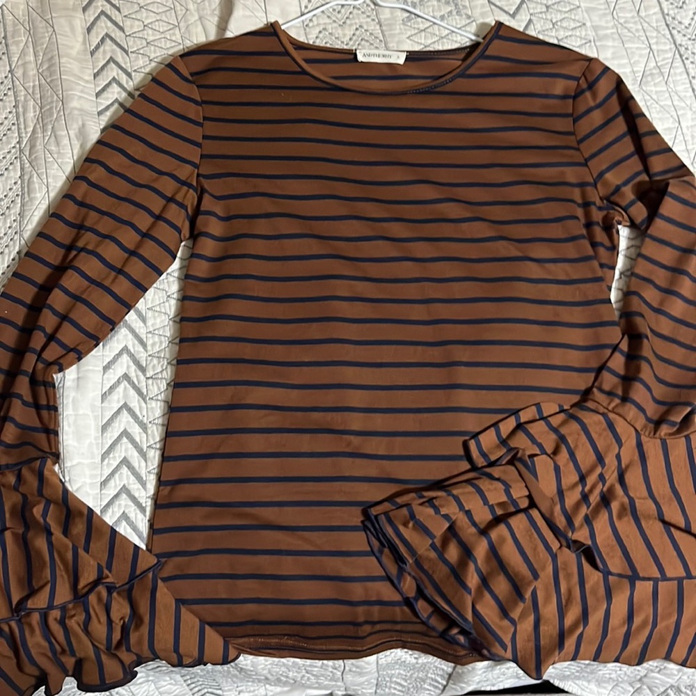 Long sleeve brown shirt with navy strips
